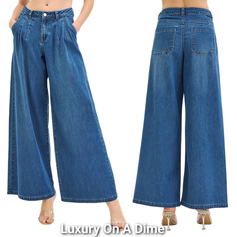 RISEN Palazzo Baggy Mid-Rise Pleated Ultra Wide Oversized Leg Jeans Denim Pants - Picture 7 of 16